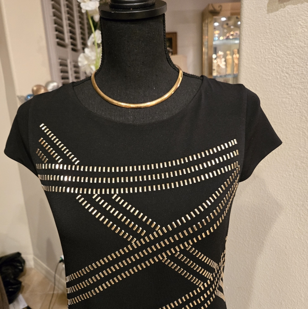 Thalia Sodi Black and Gold Studded Women's Stretch Lined Sheath Dress LIKE NEW - Picture 2 of 10